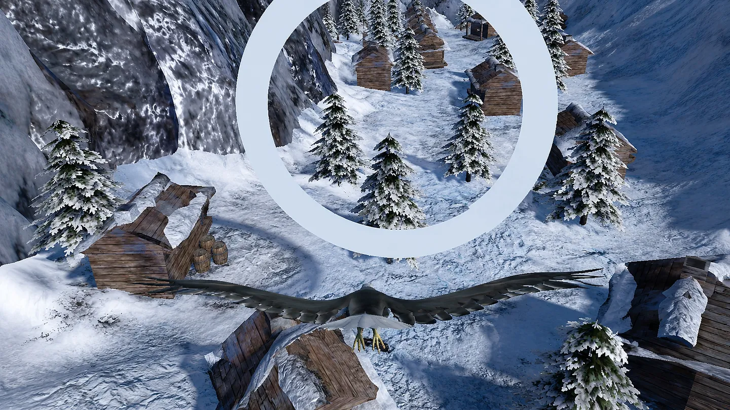 Eagle flying through a ring above a snowy village in Eagle Glide