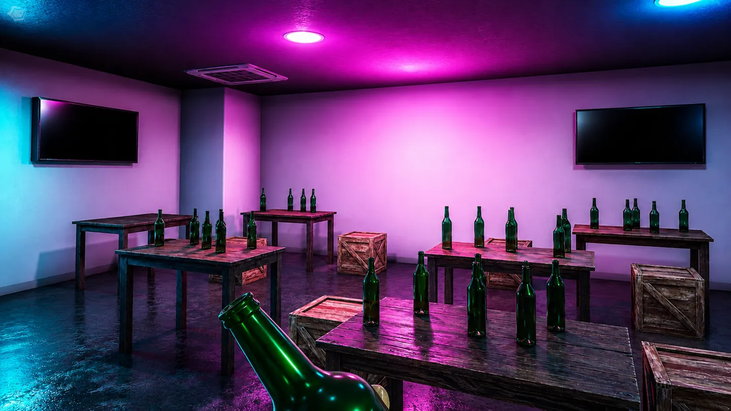 Neon-lit VR bar filled with bottles in Bar Breaker