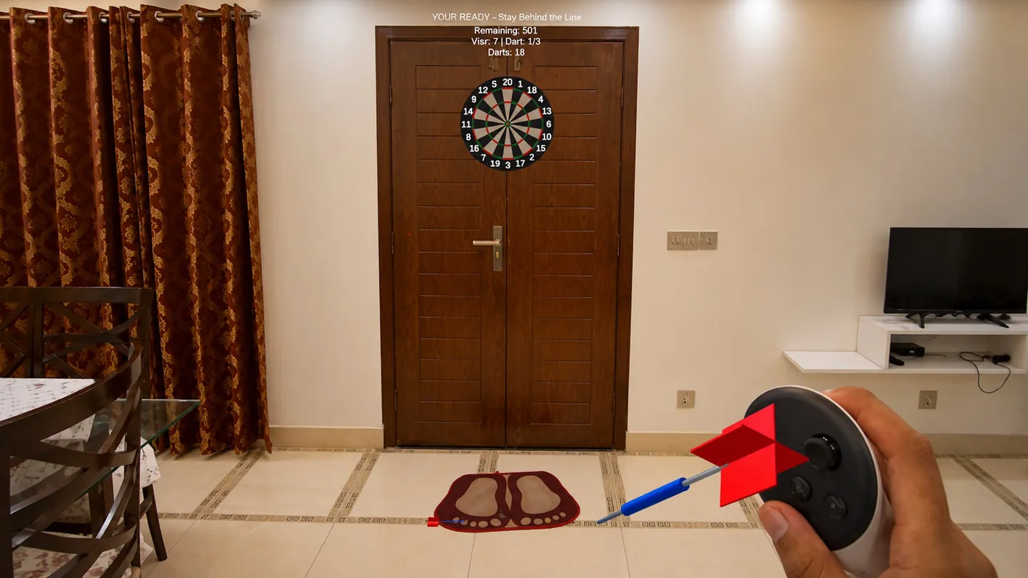 Virtual dartboard placed inside a real room in Darts VR Real Room