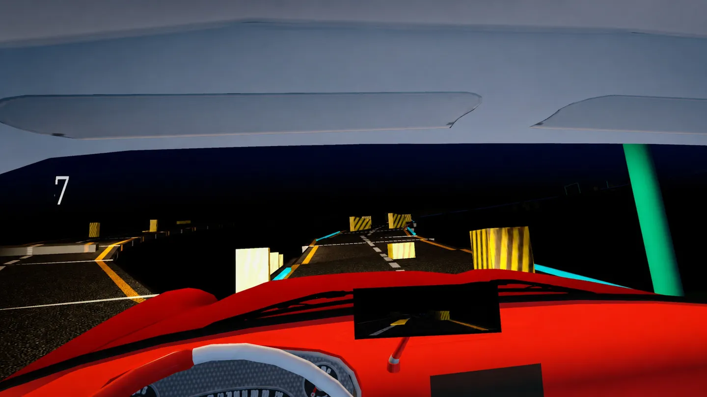 Red car approaching obstacles on a neon parkour track