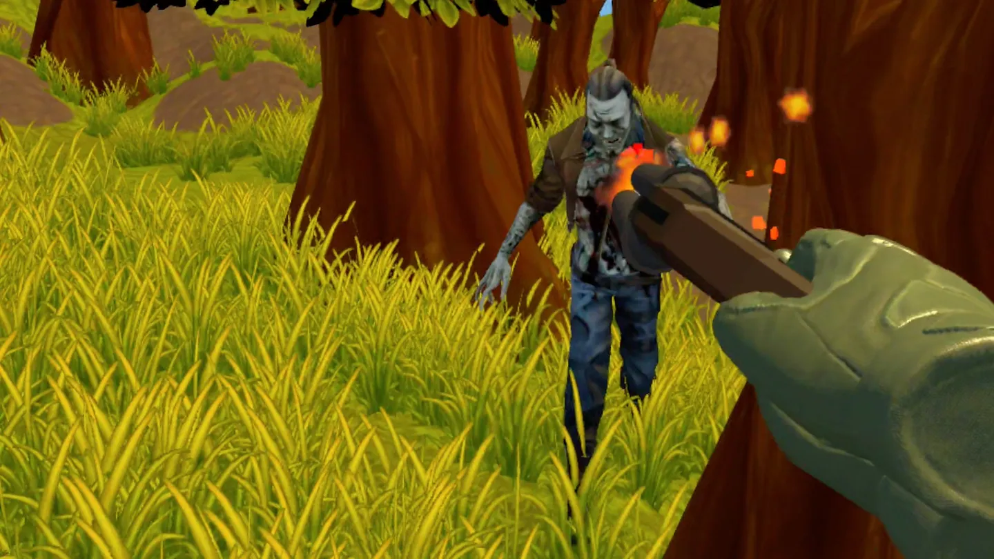 First-person zombie combat in a stylized forest