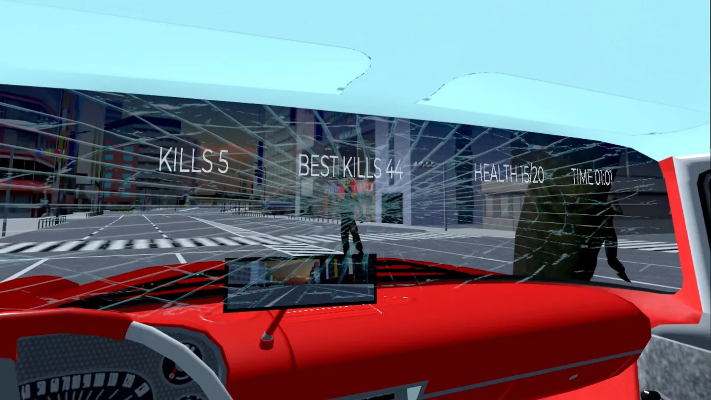 Zombie visible through a cracked windshield in Zombie Car VR